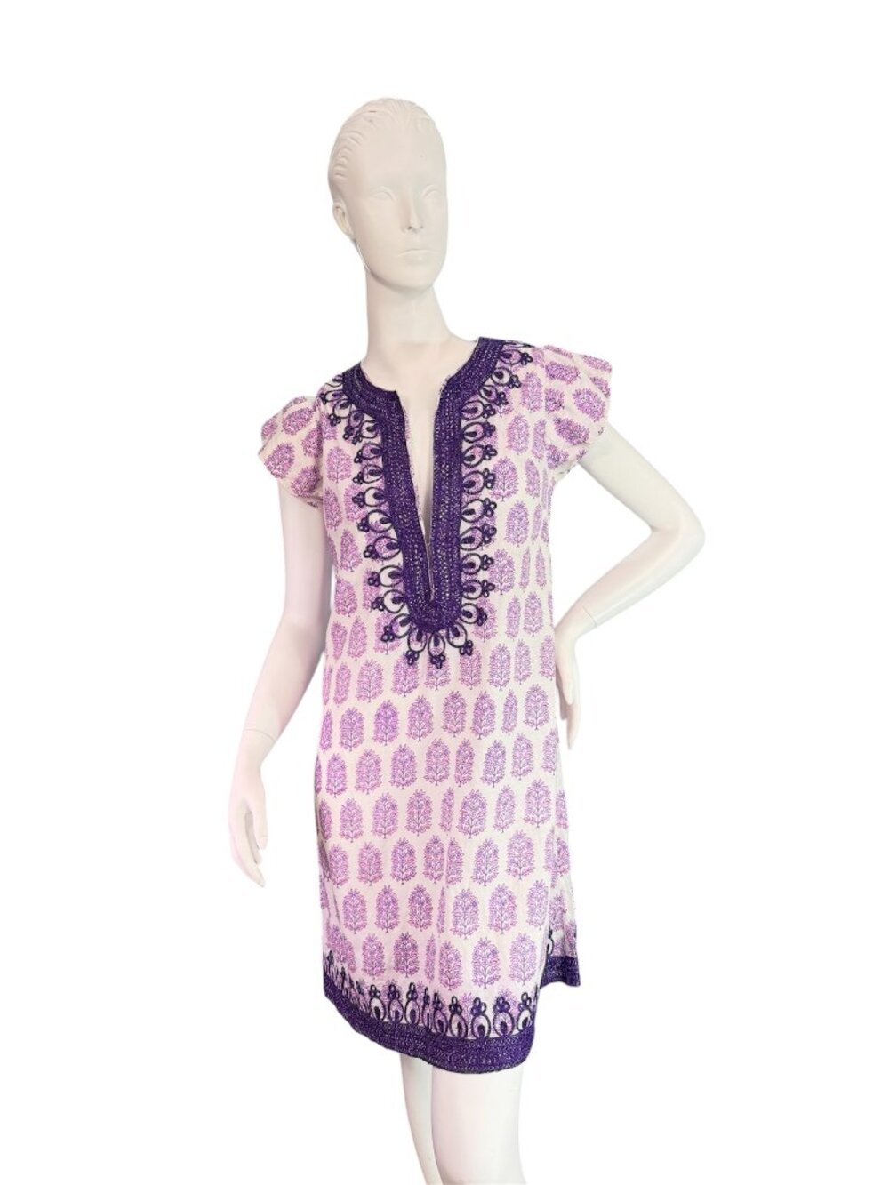 Christiane Celle Calypso Dress Short Sleeve Block Printing V-Neck Embroidery S
